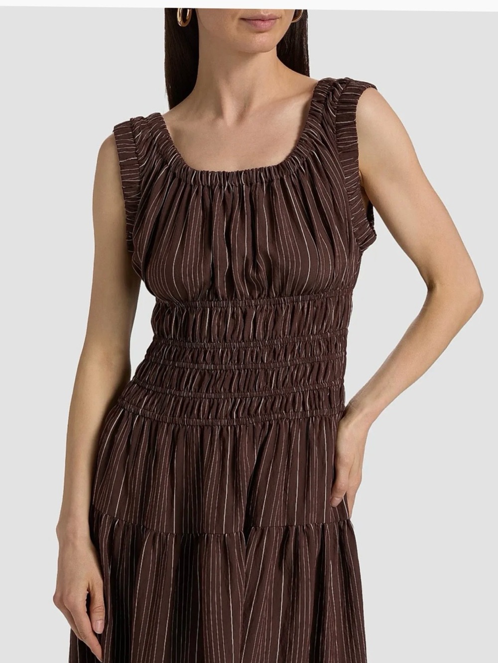Rails Brown Pinstripe Smocked Midi Dress